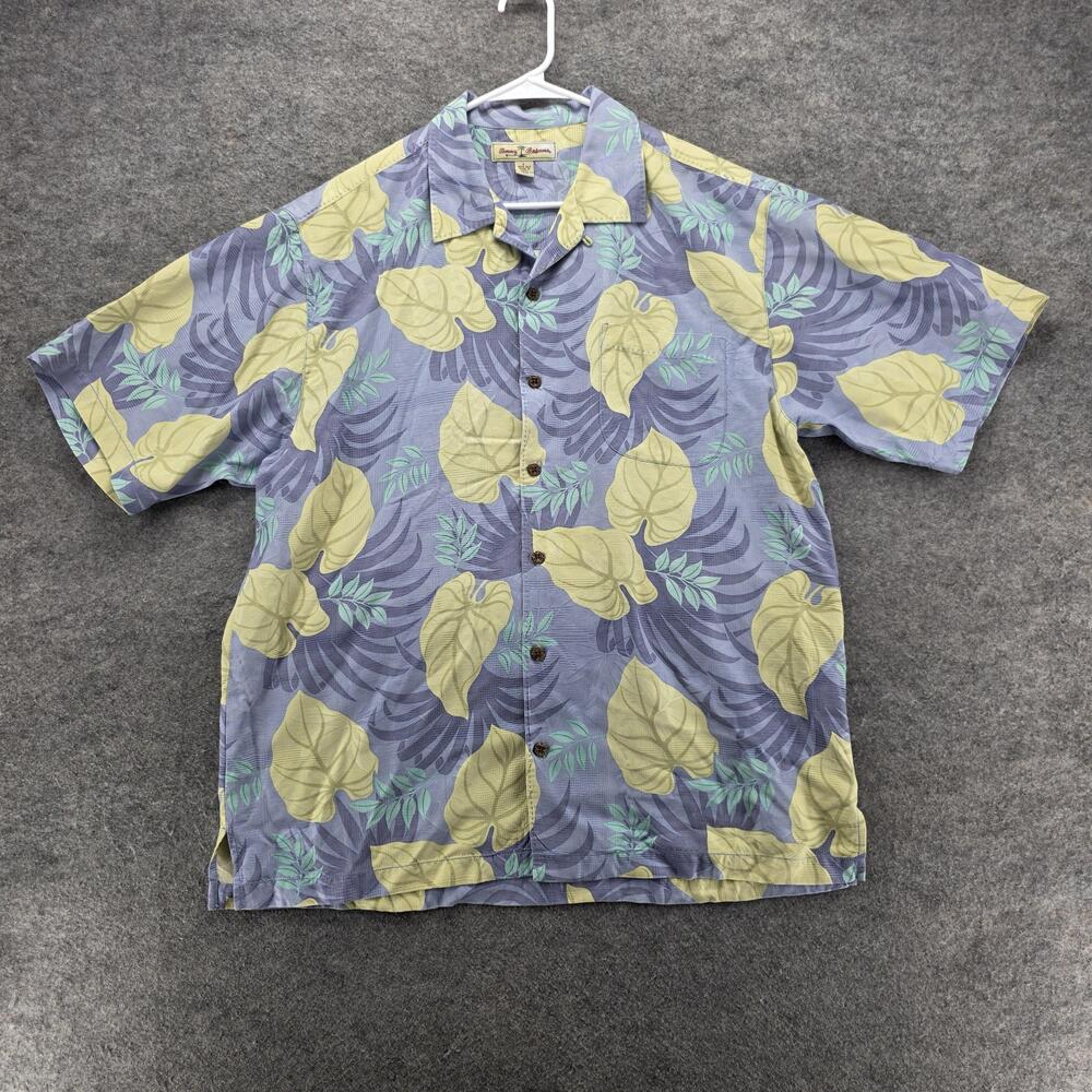 Tommy Bahama Shirt Mens Large Blue Yellow Silk Hawaiian Floral Button Up Camp